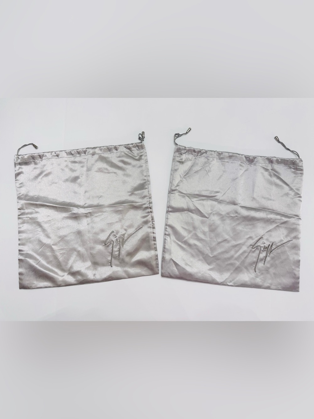 Pair of Giuseppe Zanotti Gray Satin Drawstring Shoe Dust Bags Embroidered Logo